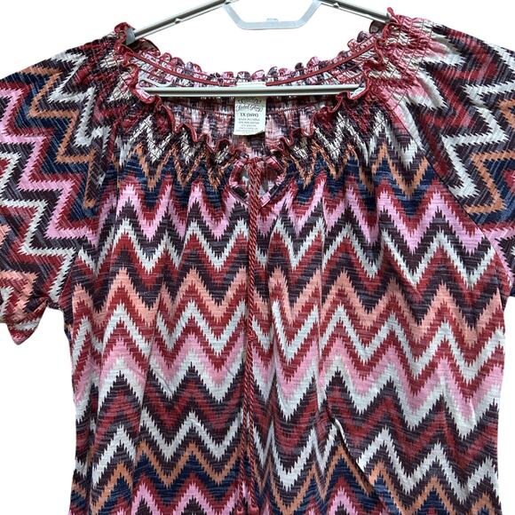Faded Glory Boho Top Plus 1X 16W Pink Brown Zigzag Peasant Style Short Sleeve - Picture 3 of 7